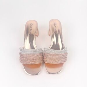 Rose Gold Mules with Sparkly Straps and Metallic Footbed